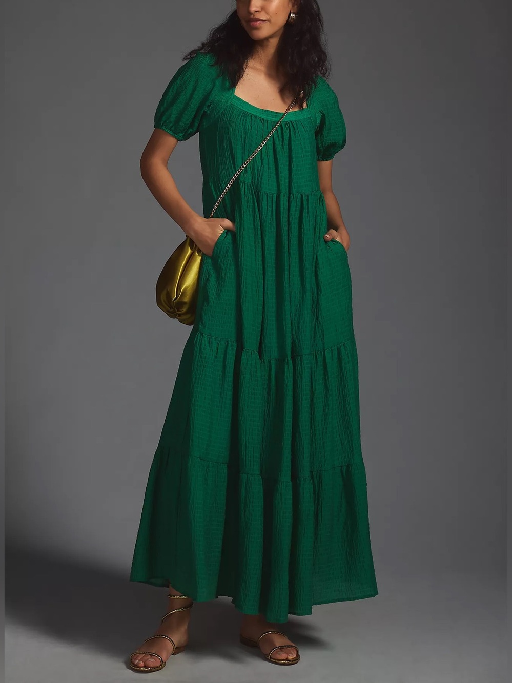 Anthropologie Tiered Puff-Sleeve Maxi Dress (Green)